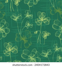 St Patrick Day. Seamless pattern with little four leaf clovers. Clover sign symbol pattern. Simple Repeatable design. Good luck symbol of Ireland