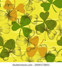 St Patrick Day. Seamless pattern with little four leaf clovers. Clover sign symbol pattern. Simple Repeatable design. Good luck symbol of Ireland