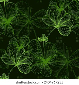 St Patrick Day. Seamless pattern with little four leaf clovers. Clover sign symbol pattern. Simple Repeatable design. Good luck symbol of Ireland