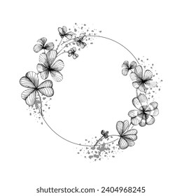 St Patrick Day. Seamless pattern with little four leaf clovers. Luxury botanical wedding frame elements on white background. Set of circle shapes, leaves, leaf branches.