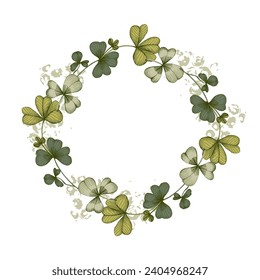 St Patrick Day. Seamless pattern with little four leaf clovers. Luxury botanical wedding frame elements on white background. Set of circle shapes, leaves, leaf branches.