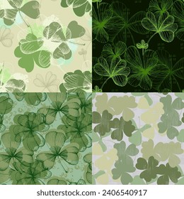St Patrick Day. Seamless pattern with little four leaf clovers. Clover sign symbol pattern. Simple Repeatable design. Good luck symbol of Ireland