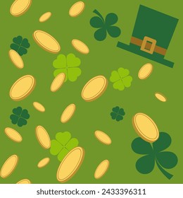 St. Patrick Day seamless pattern. Leprechauns hat and clover with gold coins design elements.