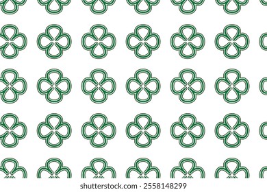 St Patrick Day. Seamless pattern with little four leaf clovers. Clover sign symbol pattern. Simple Repeatable design with Green clover on a White Background. Good luck symbol of Ireland