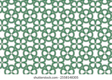 St Patrick Day. Seamless pattern with little four leaf clovers. Clover sign symbol pattern. Simple Repeatable design with Green clover on a White Background. Good luck symbol of Ireland