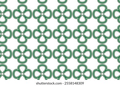 St Patrick Day. Seamless pattern with little four leaf clovers. Clover sign symbol pattern. Simple Repeatable design with Green clover on a White Background. Good luck symbol of Ireland