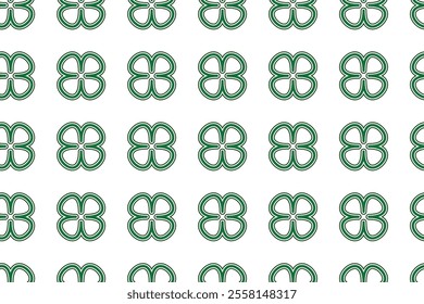 St Patrick Day. Seamless pattern with little four leaf clovers. Clover sign symbol pattern. Simple Repeatable design with Green clover on a White Background. Good luck symbol of Ireland