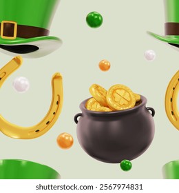 St Patrick Day seamless pattern with 3d clover, pot with gold coins. Coins, shamrock. Irish. Celtic. St Patrick's Day. Seamless pattern vector illustration. Isolated on white background.