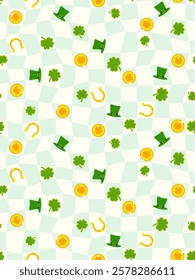 St. Patrick Day seamless pattern with shamrock, horseshoe, Leprechaun hat, on geometric groovy checkered background. Vector illustration