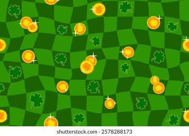 St. Patrick Day seamless pattern with shamrock, gold coins on geometric groovy checkered background. Vector illustration