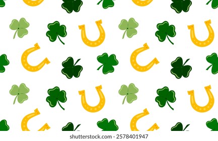 St. Patrick day seamless pattern with Shamrocks and horseshoe. Clovers lucky symbol. Ireland holiday background. Flat Vector illustration. Perfect for fabric, package paper, wallpaper, greeting cards