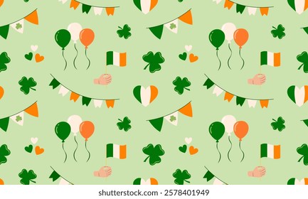 St. Patrick day seamless pattern. Ireland holiday lucky item, fortune symbols, element for party, irish flag. Flat Vector illustration. Perfect for fabric, package paper, wallpaper, greeting cards