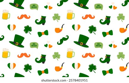 St. Patrick day seamless pattern with Shamrock and other Irish lucky symbols. Ireland holiday background. Flat Vector illustration. Perfect for fabric, package paper, wallpaper, greeting cards