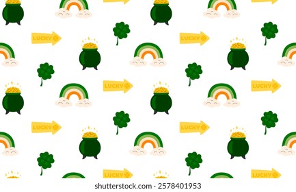 St. Patrick day seamless pattern with quatrefoil, rainbow, pot gold coin, clover. Irish lucky symbol. Ireland holiday background. Flat Vector illustration. Perfect for fabric, package paper, wallpaper