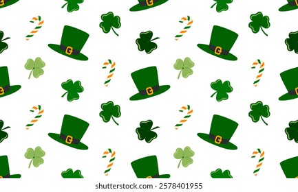 St. Patrick day seamless pattern with Shamrock, leprechaun hat and candy cane. Clovers irish lucky symbol. Ireland holiday background. Flat Vector illustration. Perfect for fabric, package paper