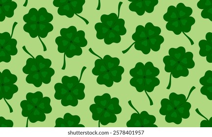 St. Patrick day seamless pattern with Clover four leaves. Quatrefoil lucky symbol. Ireland holiday background. Flat Vector illustration. Perfect for fabric, package paper, wallpaper, greeting cards