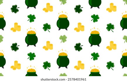 St. Patrick day seamless pattern with Shamrocks and Pot gold coins. Clovers lucky symbol. Ireland holiday background. Flat Vector illustration. Perfect for fabric, package paper, wallpaper