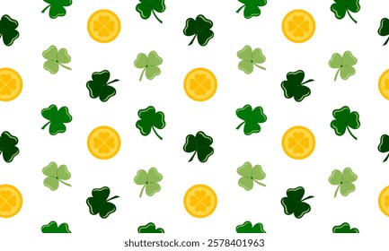 St. Patrick day seamless pattern with Shamrocks and coins. Clovers three leaves lucky symbol. Ireland holiday background. Flat Vector illustration. Perfect for fabric, package paper, wallpaper