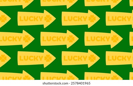 St. Patrick day seamless pattern. Leprechaun sign pointer to lucky place. Irish lucky arrow pointer symbol. Ireland holiday. Flat Vector illustration. Perfect for fabric, package paper, wallpaper