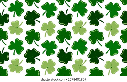 St. Patrick day seamless pattern with Clovers three leaves. Shamrock lucky symbol. Ireland holiday background. Flat Vector illustration. Perfect for fabric, package paper, wallpaper, greeting cards