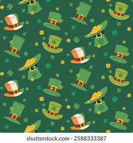 St. Patrick Day seamless pattern green with leprechaun hat, clovers, Irish flag colors headwear. Flat green background for Irish holiday decor, wrapping, packaging, and wallpaper. Vector illustration