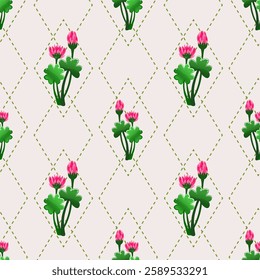 St Patrick Day Seamless pattern with clover leafs and flowers. Simple Repeatable design