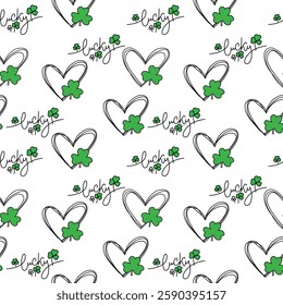 st. patrick day seamless pattern with clover leaf and hearts. vector illustration.