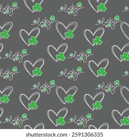 st. patrick day seamless pattern with clover leaf and hearts. vector illustration.