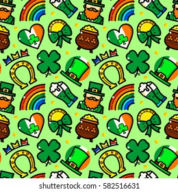 St. Patrick Day seamless pattern with objects in line style, holiday vector illustration