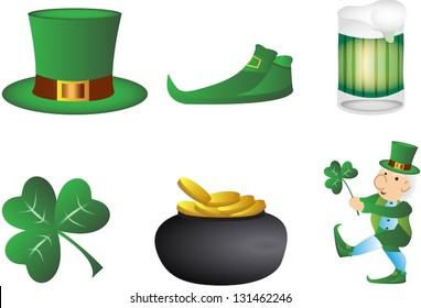 St. patrick day set 6 figures vector with clover leaf green hat ,coin in the pot  vector illustrations