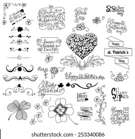 St .Patrick day set. Collection of hand - drawn elements for St. Patrick day design. Clovers, frames, heart made of clovers and lettering on white background.