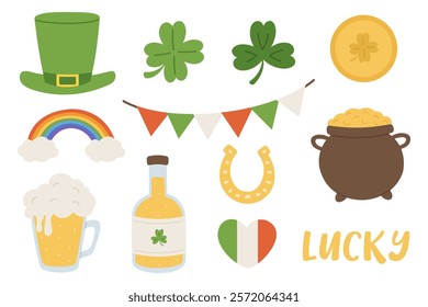 st. patrick day set of elements, collection of design icons, shamrock, hat, rainbow, coin, pot with gold coins, glass of beer, bottle, ale, horseshoe, heart, vector illustration