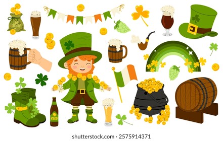 St. Patrick Day set. Glasses of beer, cone hat, cauldron with gold, clover, flags, boots, gold coins. Leprechaun mythical character. Flat illustration isolated on white background.