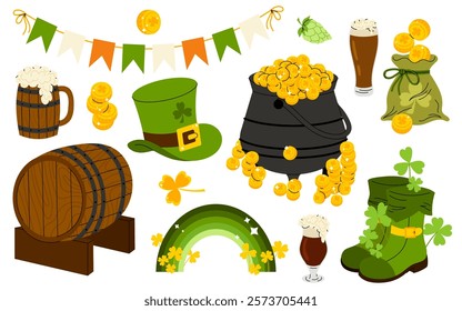 St. Patrick Day. Set of symbols and elements. Glasses of beer, cone hat, cauldron with gold, clover, flags, boots, gold coins.