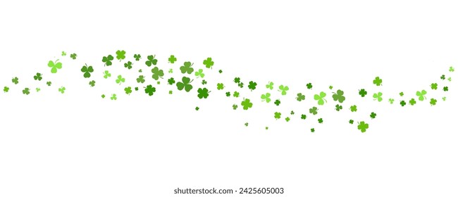 St. Patrick Day shamrock clover background. Wavy vector border with flying green leaves for posters banners and greeting cards