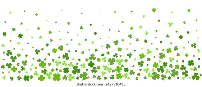 Fondo de trébol de trébol de San Patricio. Borde de vector sin costura con hojas verdes voladoras para carteles, banners y tarjetas de felicitación