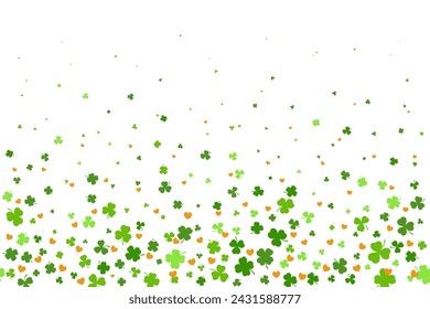 Fondo de trébol de trébol de San Patricio. Borde de vector sin costura con hojas verdes voladoras y corazones para carteles, banners y tarjetas de felicitación