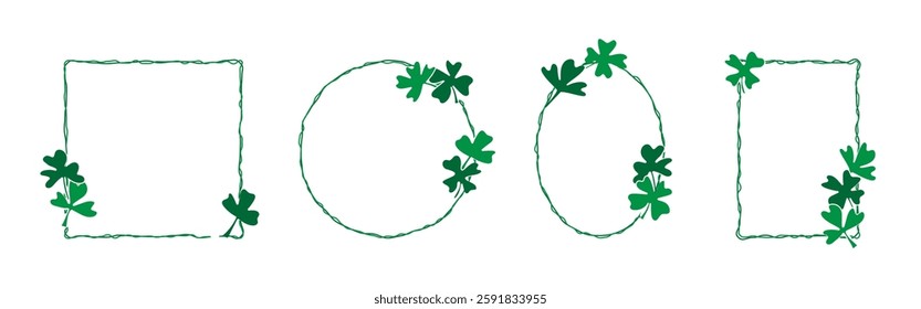 St Patrick day shamrock clover border. Lucky irish green vector frame for holiday card. Four leaf pattern with saint luck sign. Celtic decoration for spring invitation on white isolated background.