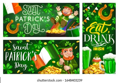 Clovers de shamrock y leprechaun dorado, fiesta tradicional irlandesa, banderas vectoriales. Saint Patrick día leprechaun con la bandera y las monedas irlandesas, herradura dorada y jarra de pinta verde