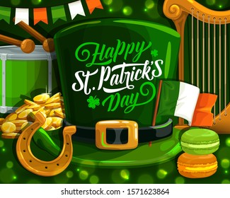 St Patrick Day shamrock and leprechaun hat, Irish religion holiday vector design. Gold coins, green leaf of clover and horseshoe, flag of Ireland, celtic elf hat and harp, drum, macaron, bunting