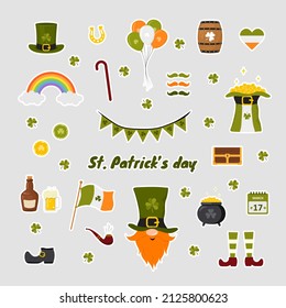 St. Patrick day stickers. Cute festive elements. Vector illustration in flat cartoon style. Hand drawn icons for irish holiday.