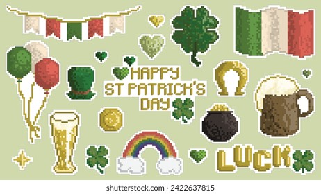 St Patrick Day stickers set. Clover, beer, rainbow, horseshoe, leprechaun hat, flags, balloons. Pixel art