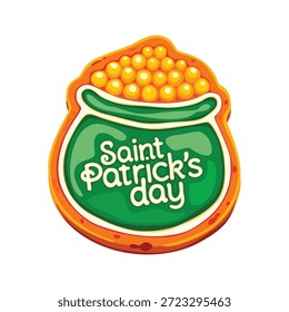 Día de San Patricio galleta dulce de pastel de galletas de olla de oro para el postre de vacaciones irlandesas, Vector de dibujos animados. Galleta feliz del día de San Patricio de las monedas de oro del duende en olla con el caramelo verde para la repostería de Irlanda