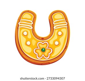 Biscoito doce do dia de São Patrício de biscoito de ferradura com trevo shamrock, vetor de desenhos animados. Feliz dia de São Patrício ou feriado irlandês cookie de ferradura com folha de trevo de caramelo para doces de pastelaria da Irlanda