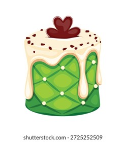 Pastel dulce del día de San Patricio con hoja de trébol de chocolate o trébol, Vector de dibujos animados. Feliz día de San Patricio o fiesta irlandesa dulce pastel de postre con hoja de trébol de trébol y galletas de caramelo verde
