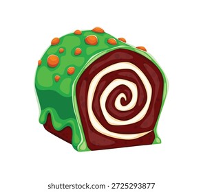 Pastel dulce del día de San Patricio o rollo de galleta verde con chocolate y nata, postre de dibujos animados de Vector. Fiesta irlandesa y feliz día de San Patricio pastel dulce o pastel de panadería de postre de rollo de chocolate