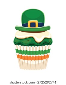 St Patrick Day sweet cupcake with leprechaun hat for Irish holiday dessert, cartoon vector. Happy Saint Patrick day sweet dessert, cupcake biscuit or green muffin in wrapper with Ireland flag colors
