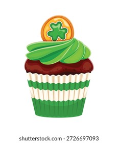 St Patrick Day sweet cupcake with shamrock clover in leprechaun gold coin, cartoon vector. Happy Saint Patrick day Irish holiday dessert biscuit or chocolate muffin in wrapper with green sweet cream