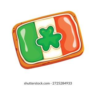 St Patrick Day sweet dessert of biscuit cookie with Irish flag caramel, cartoon vector. Happy Saint Patrick Day or Ireland holiday cookie biscuit with shamrock clover for pastry and bakery sweets
