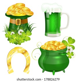 St. Patrick Day Symbols with Hat, Gold Coins, Clover Leaf, Pot, Horseshoe and Glass of Beer, vector isolated on white background